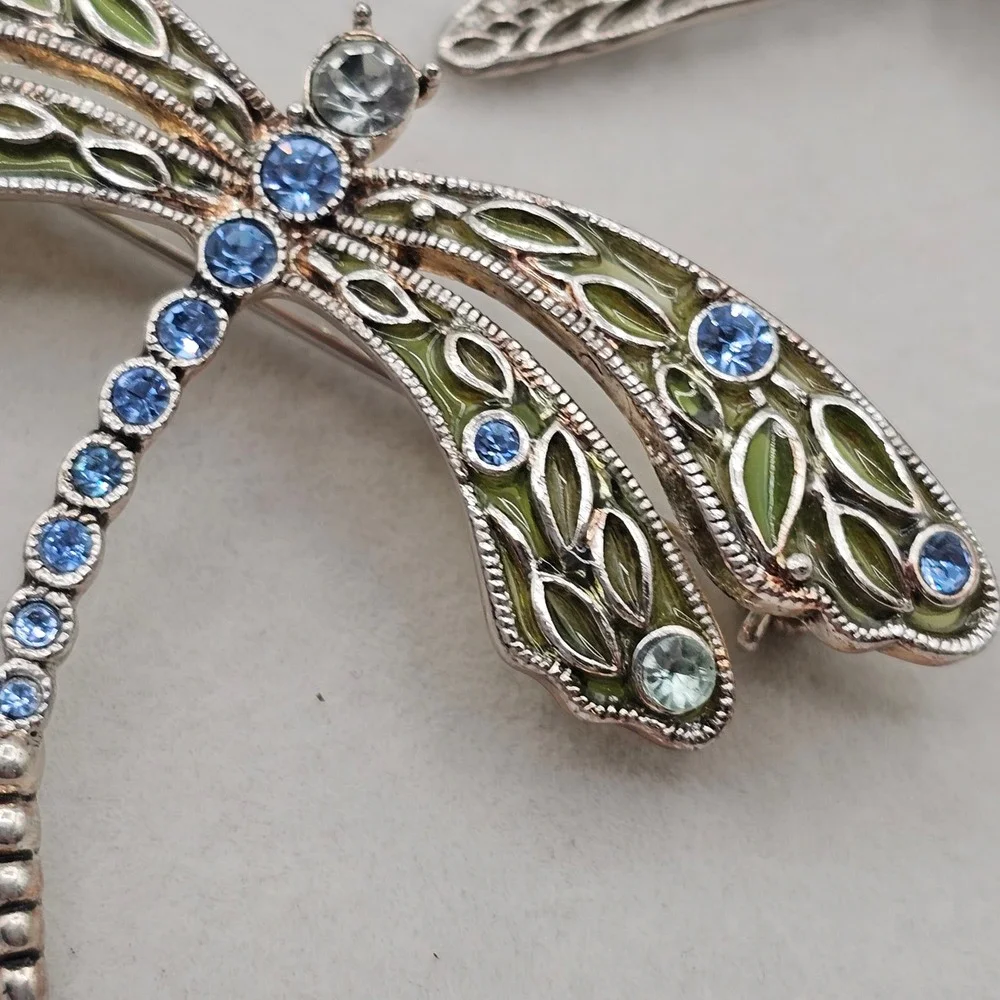 Dragonfly Brooch Pin Set 2pc Silver Tone Blue Green Rhinestone Enamel Pastels